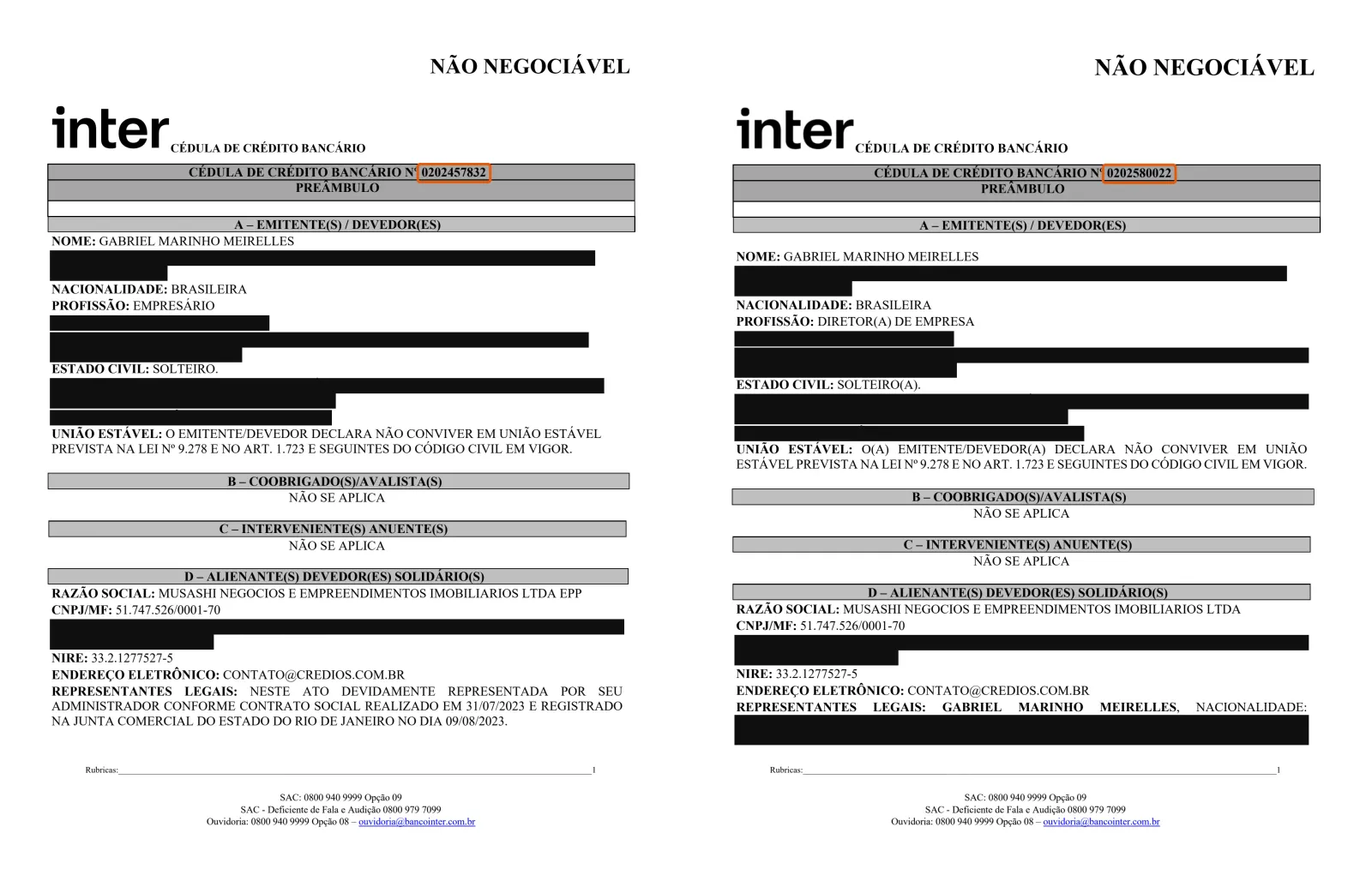 Capas das duas Cédulas de Crédito Bancário emitidas pelo Banco Inter, a CCB de 2024 e a CCB de 2025, com os dados pessoais tarjados e os números dos contratos destacados