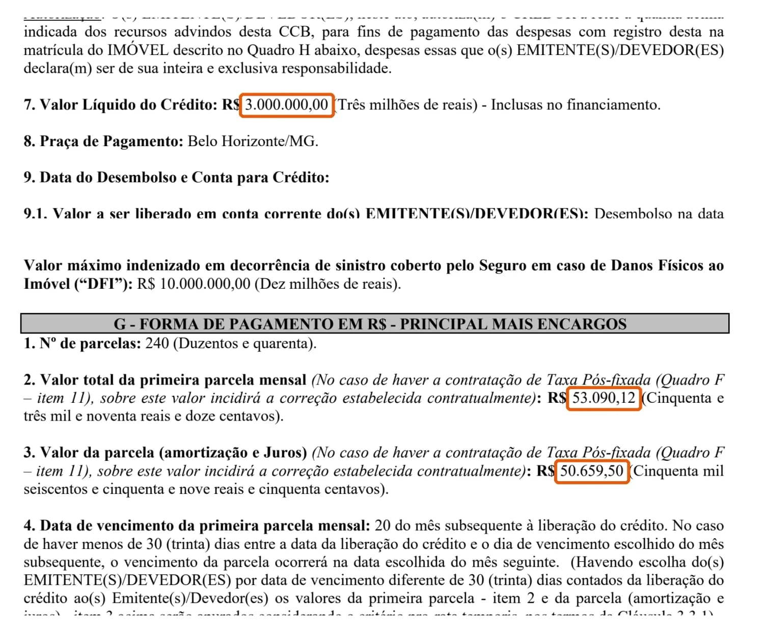 Trechos do contrato de 2024: valor líquido do crédito de R$ 3.000.000,00 e quadro de forma de pagamento com 240 parcelas e primeira parcela mensal de R$ 53.090,12