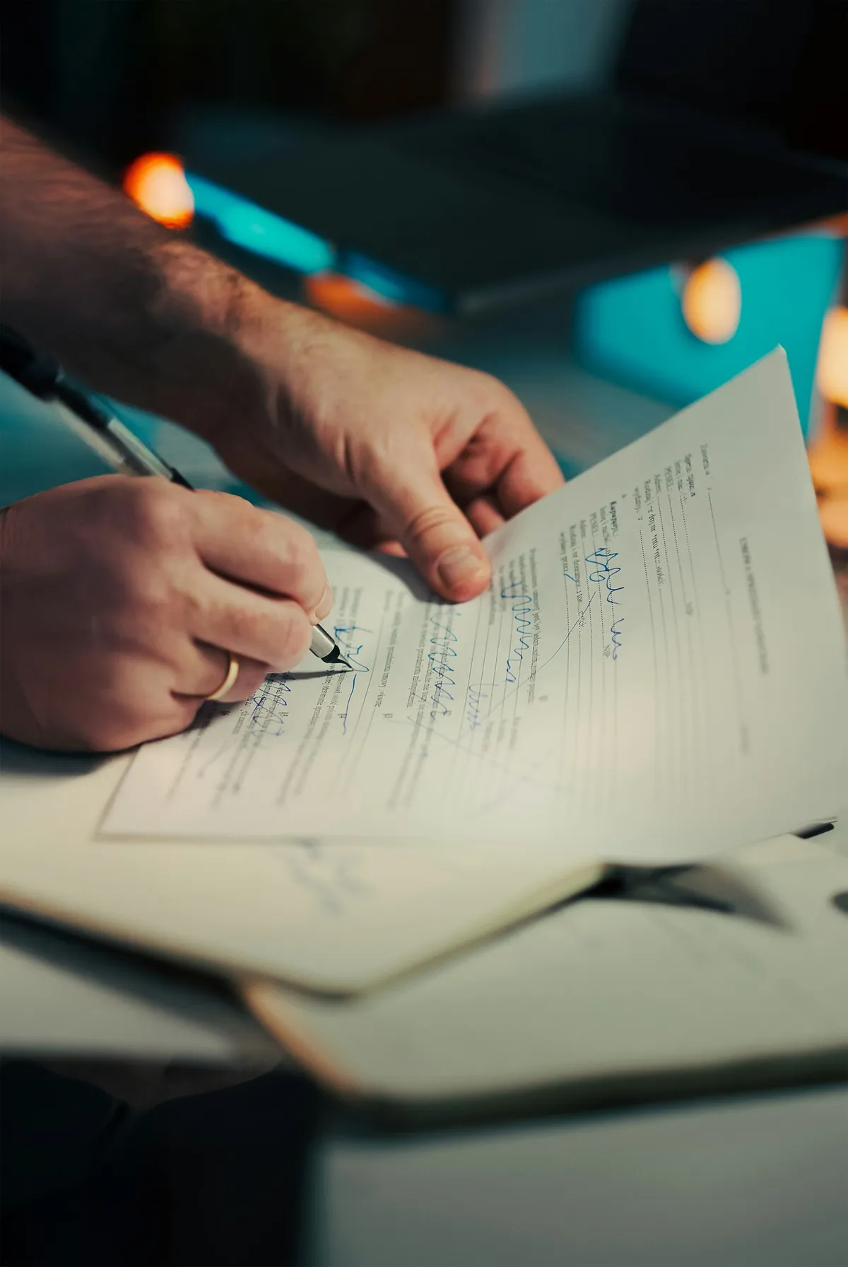 Close-up de mãos masculinas assinando contrato manuscrito real com caneta sob luz dramática — momento de formalização típico em operações de empréstimo com garantia de imóvel