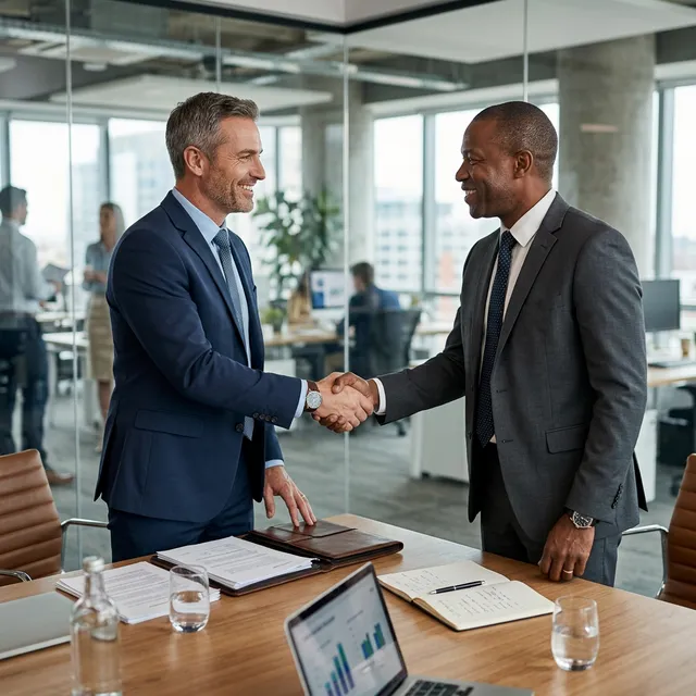 Dois empresários apertando as mãos sobre uma mesa de reunião com notebook e gráficos, fechando um acordo de crédito