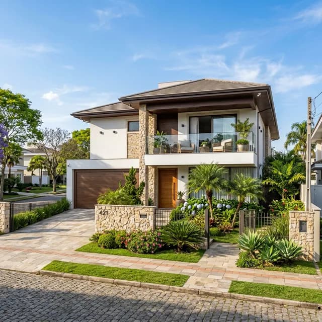 Casa residencial brasileira de alto padrão com fachada em pedra e céu limpo, representando o imóvel usado como garantia em uma operação de crédito com garantia de imóvel