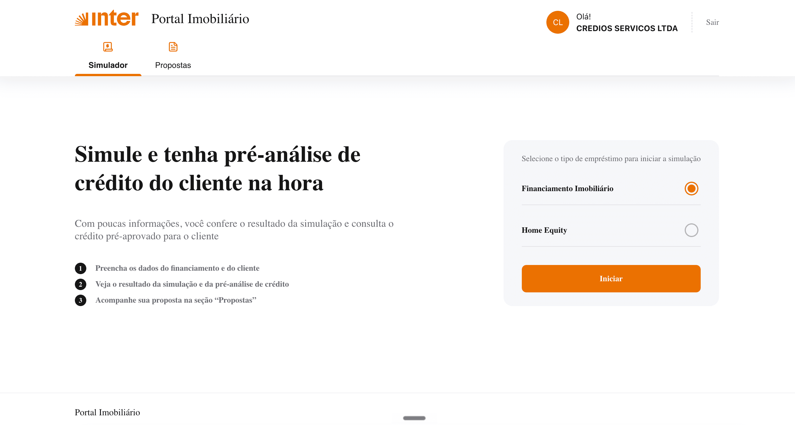 Portal Imobiliário do Banco Inter acessado pela Credios, com simulador de home equity e a conta CREDIOS SERVICOS LTDA logada
