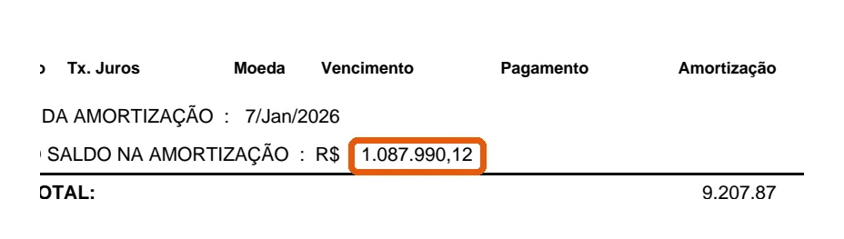 Linha do extrato do Banco Inter mostrando o novo saldo devedor de R$ 1.087.990,12 após a amortização extraordinária de janeiro de 2026
